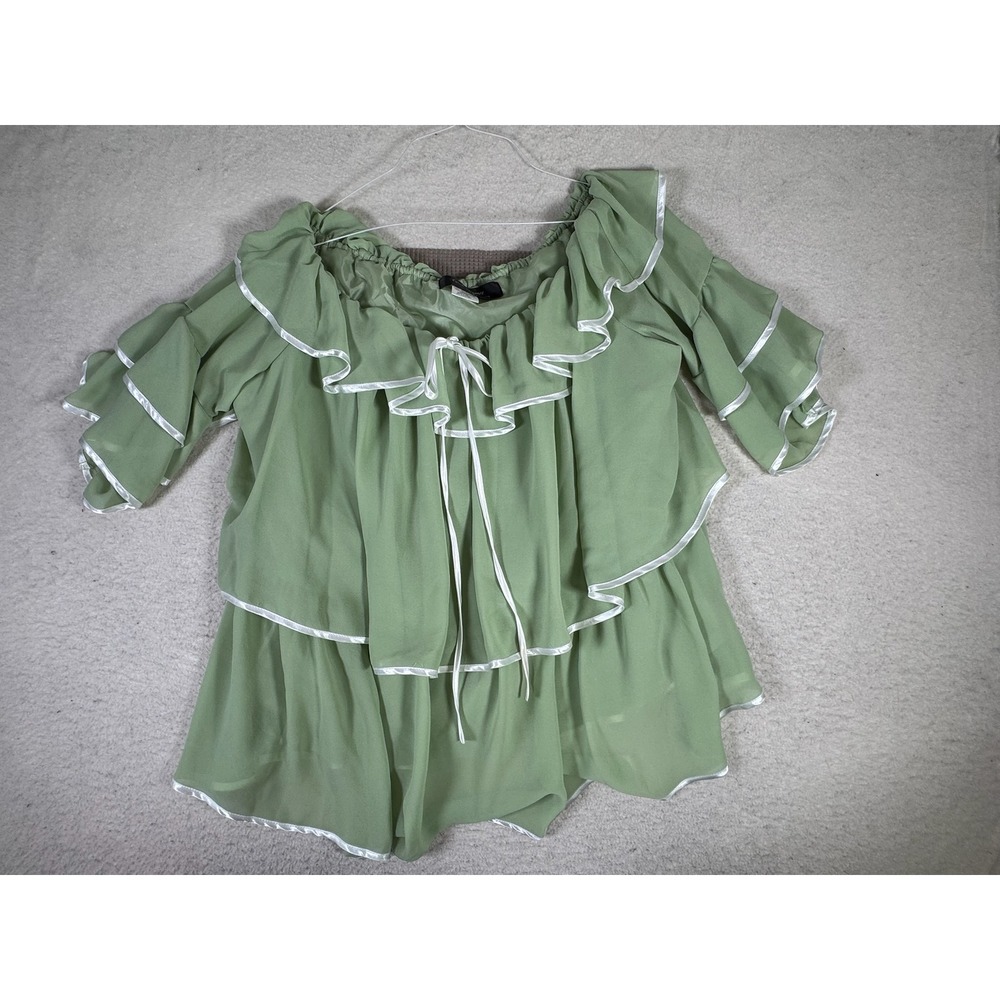 Casual Elegance Ruffle Blouse Women 1X Green Excellent Chiffon Off Shoulder